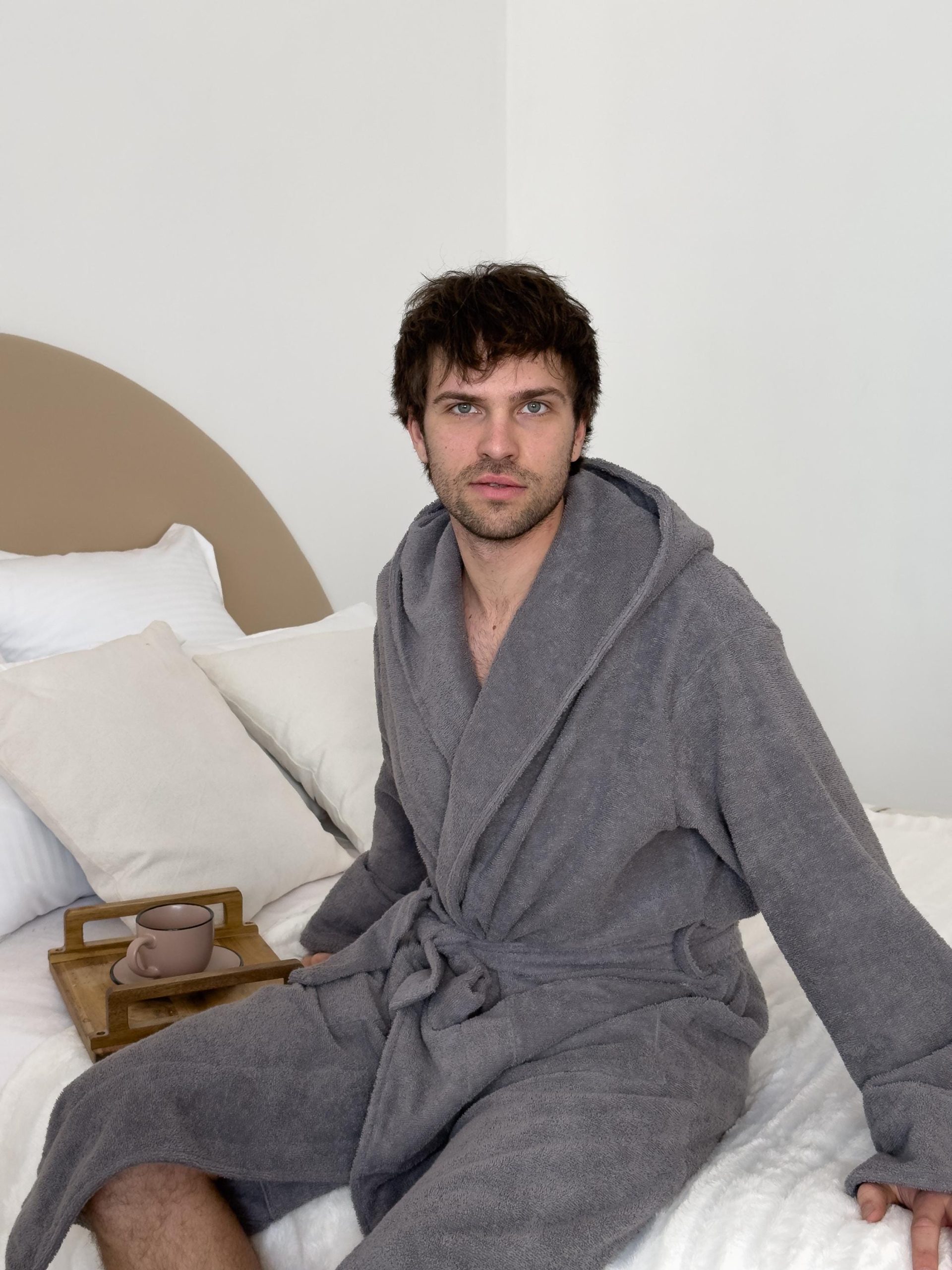 Men’s Hooded Cotton Bathrobe, Premium Turkish Terry Robe With Belt & Pockets, Dark Gray Absorbent Spa Robe, 100% Cotton Loungewear For Men