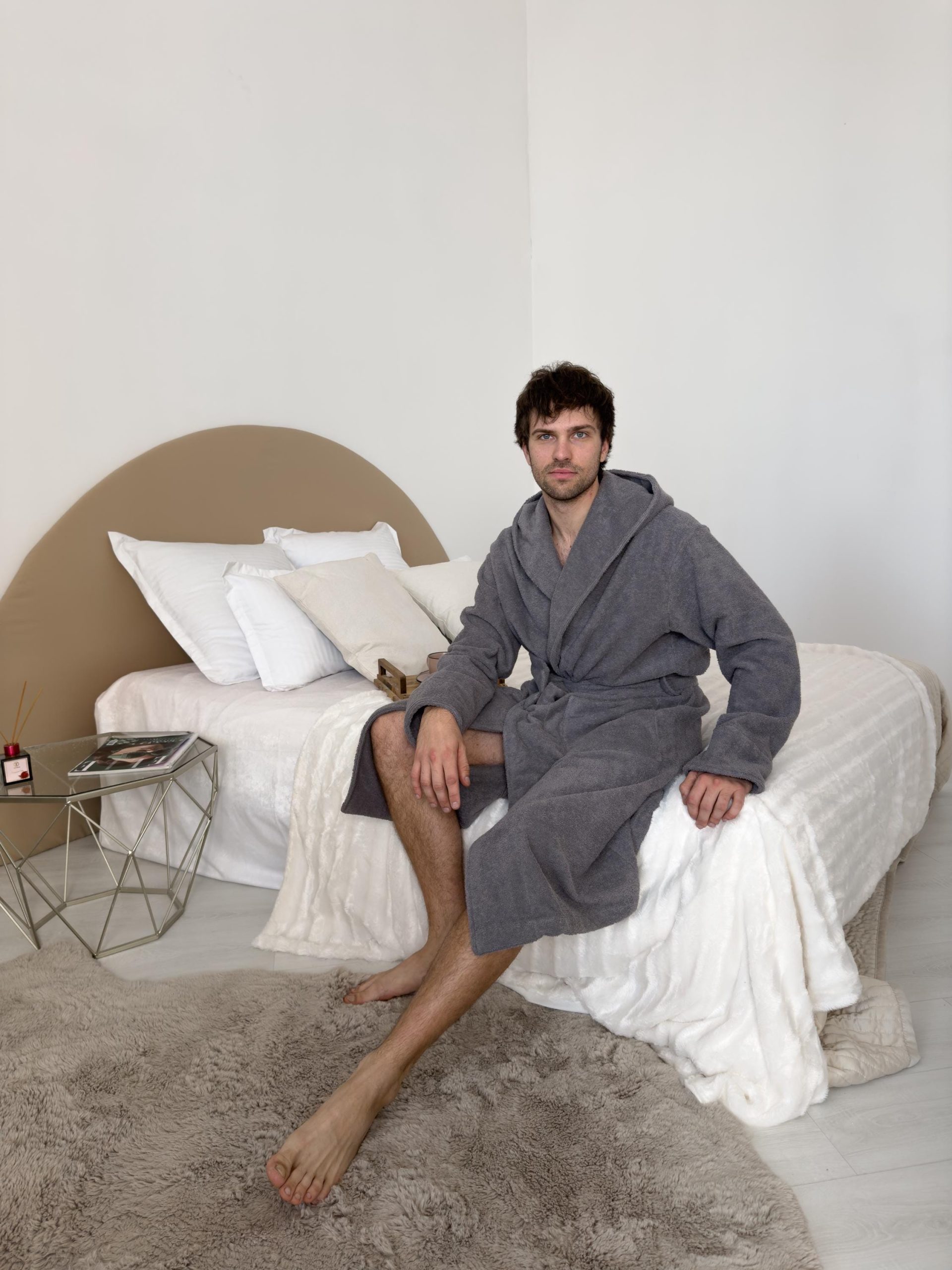 Men’s Hooded Cotton Bathrobe, Premium Turkish Terry Robe With Belt & Pockets, Dark Gray Absorbent Spa Robe, 100% Cotton Loungewear For Men