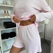 Rose Amour Pink Loungewear Set, Long Sleeve Top & Shorts Pajama, Romantic Cotton Pajamas With Hearts, Cozy Women’s Sleepwear