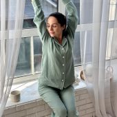 Women’s Muslin Pajama Set Viva, Cotton Lounge Set Shirt & Pants, Green Sleepwear, Long Sleeve Button Up Pajama Set