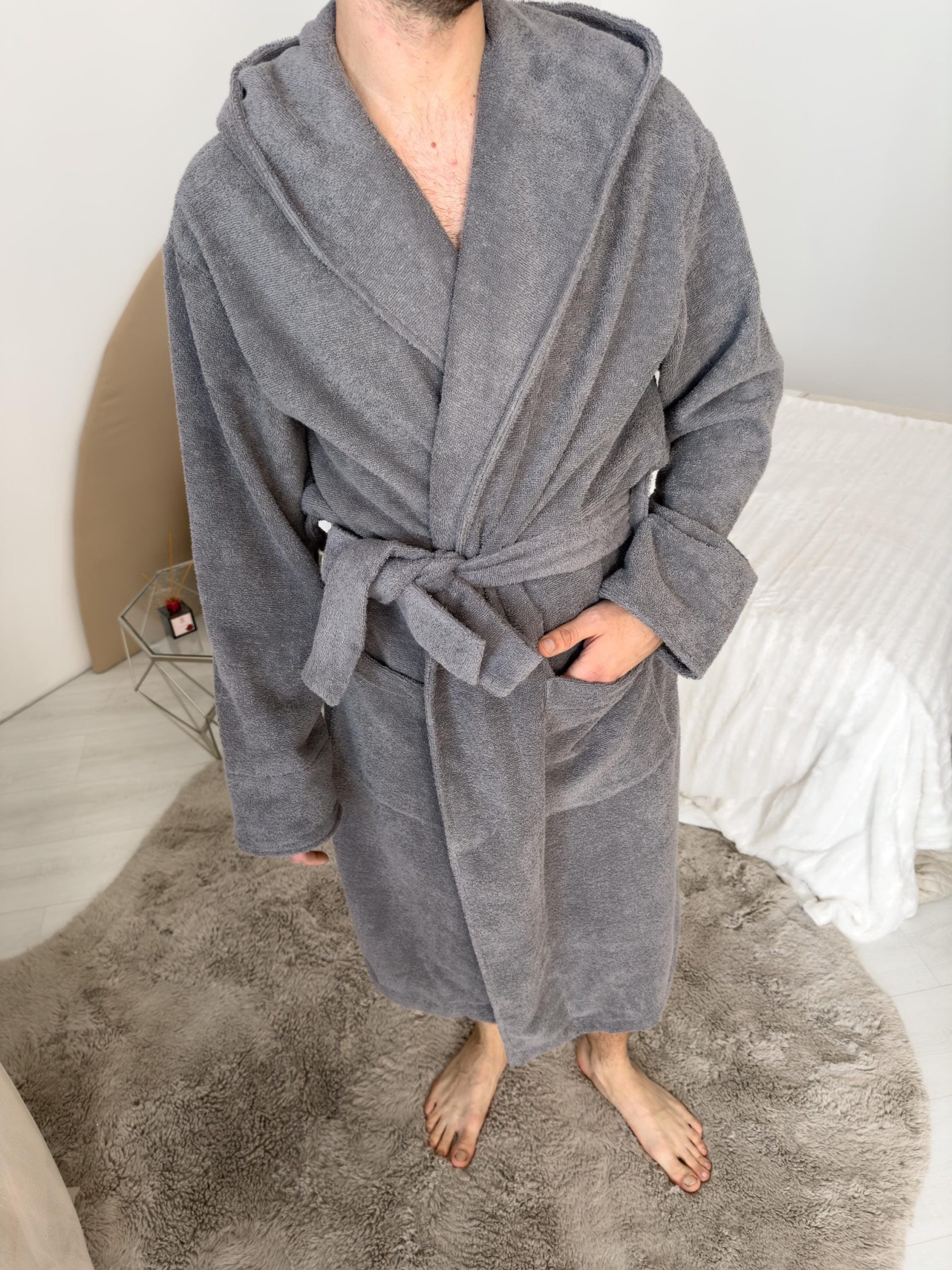 Men’s Hooded Terry Cotton Bathrobe, 100% Cotton Spa Robe With Belt And Pockets, Ultra-absorbent Dark Gray Lounge Robe For Men