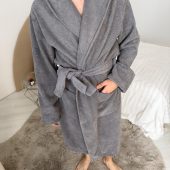 Men’s Hooded Cotton Bathrobe, Premium Turkish Terry Robe With Belt & Pockets, Dark Gray Absorbent Spa Robe, 100% Cotton Loungewear For Men