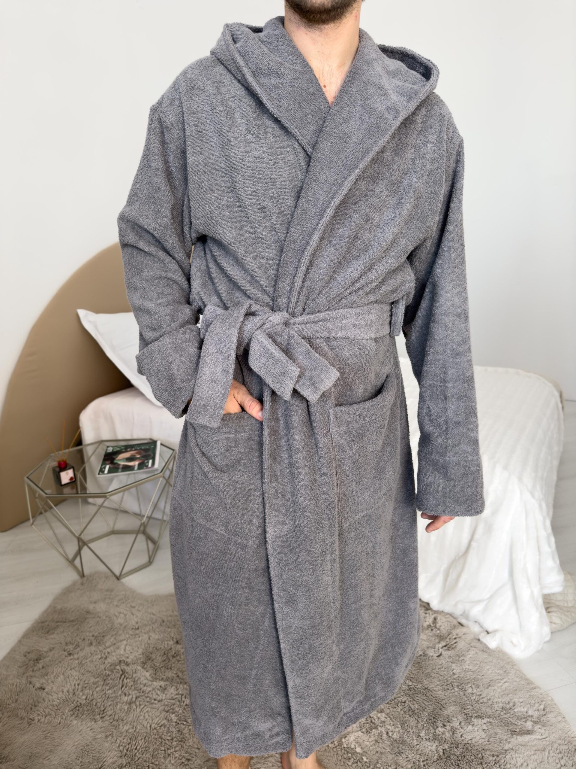 Men’s Hooded Cotton Bathrobe, Premium Turkish Terry Robe With Belt & Pockets, Dark Gray Absorbent Spa Robe, 100% Cotton Loungewear For Men