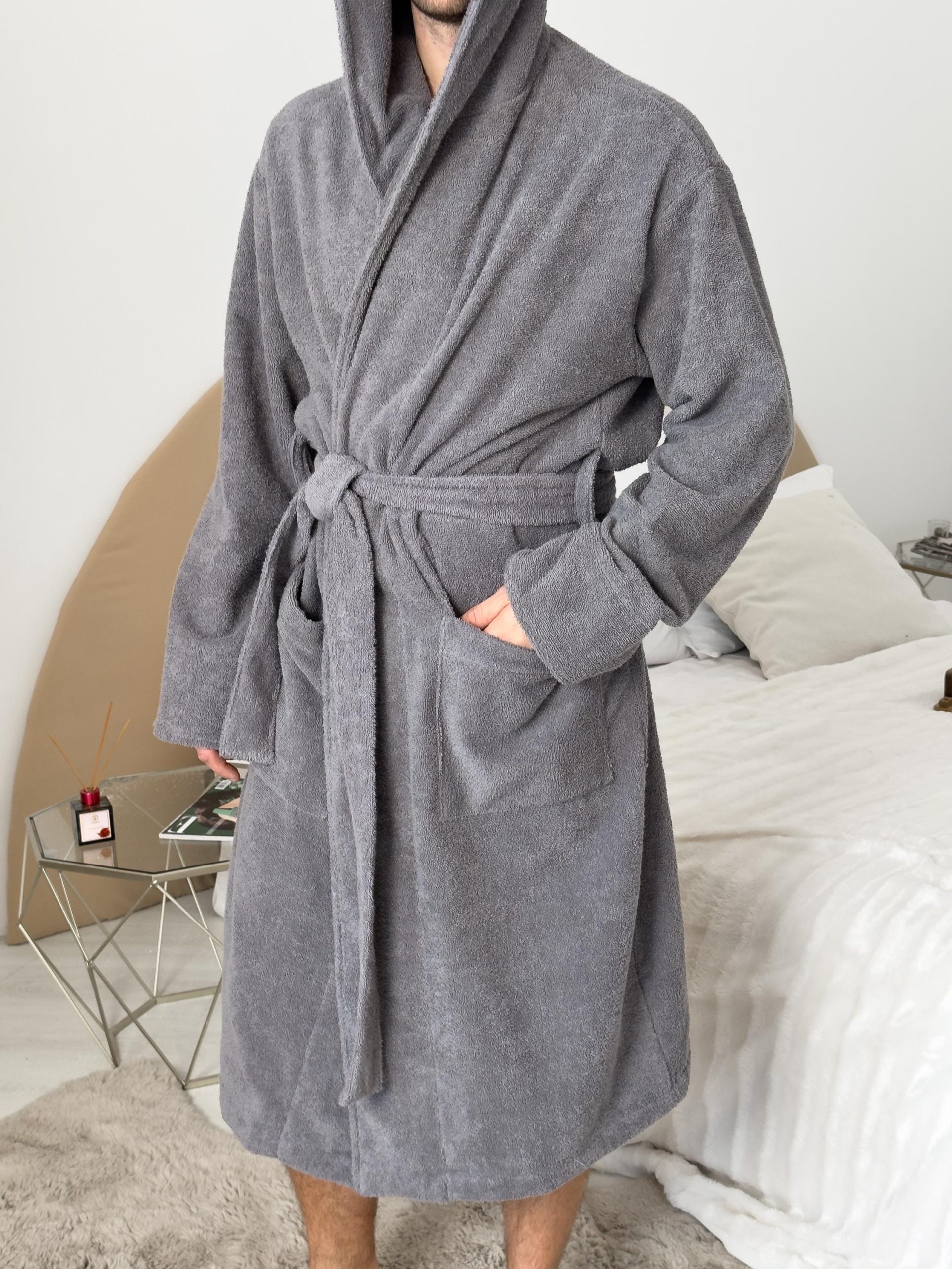 Men’s Hooded Cotton Bathrobe, Premium Turkish Terry Robe With Belt & Pockets, Dark Gray Absorbent Spa Robe, 100% Cotton Loungewear For Men