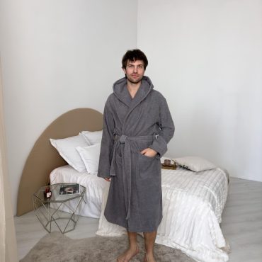 Men’s Hooded Cotton Bathrobe, Premium Turkish Terry Robe With Belt & Pockets, Dark Gray Absorbent Spa Robe, 100% Cotton Loungewear For Men