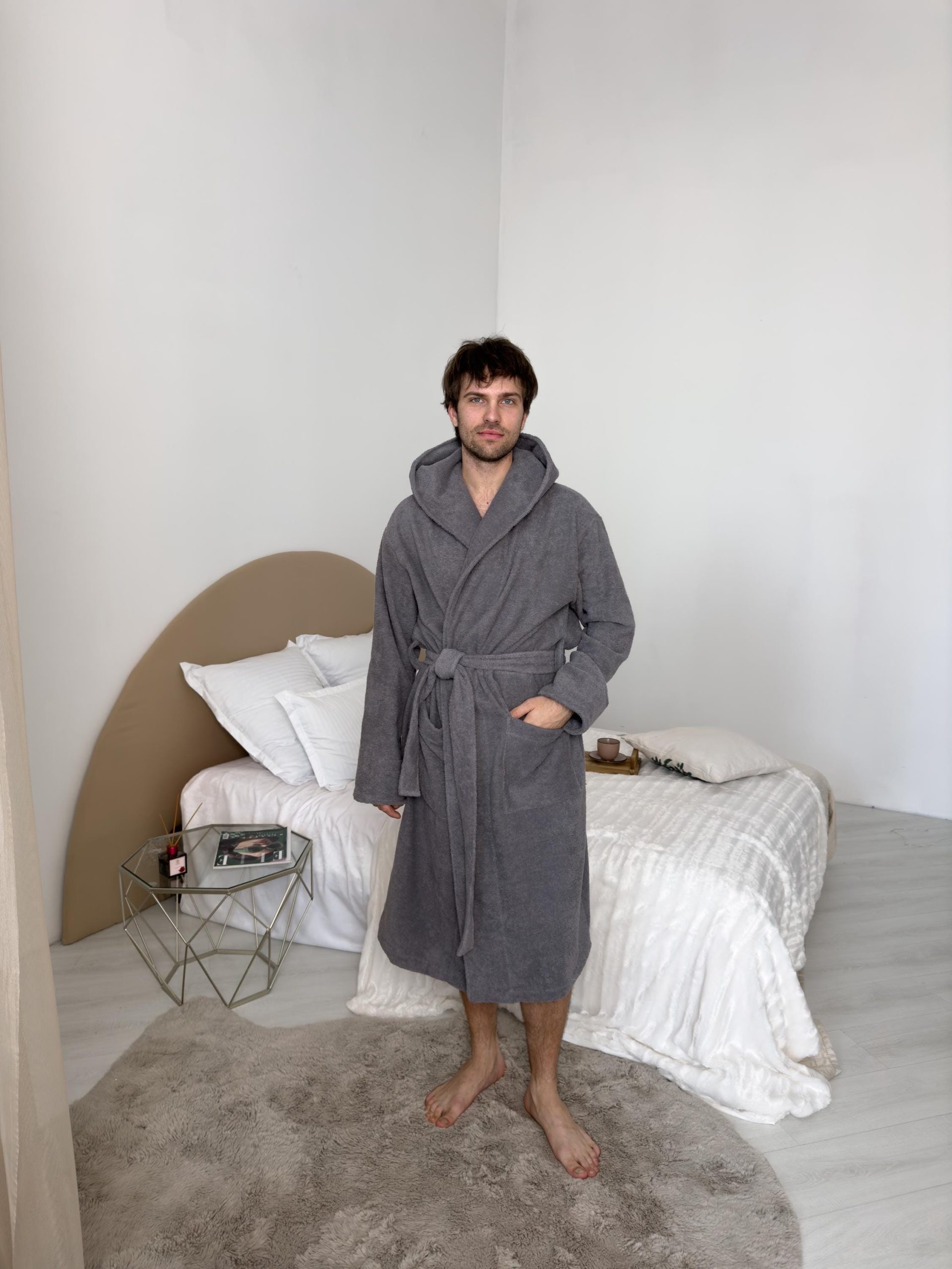 Men’s Hooded Cotton Bathrobe, Premium Turkish Terry Robe With Belt & Pockets, Dark Gray Absorbent Spa Robe, 100% Cotton Loungewear For Men