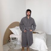 Men’s Hooded Cotton Bathrobe, Premium Turkish Terry Robe With Belt & Pockets, Dark Gray Absorbent Spa Robe, 100% Cotton Loungewear For Men