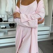 Rose Amour Women’s Lounge Set, Cotton Ribbed Nightwear, Pink Heart Cami Dress & Robe, Romantic Sleepwear Gift For Her