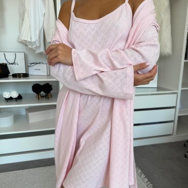 Rose Amour Women’s Lounge Set, Cotton Ribbed Nightwear, Pink Heart Cami Dress & Robe, Romantic Sleepwear Gift For Her