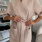 Belezza Women’s Kimono Robeб Cotton Waffle Spa Robe, Lightweight Travel Loungewear, Gift For Her, Minimalist Homewear In Latte Beige