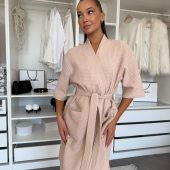 Belezza Women’s Kimono Robeб Cotton Waffle Spa Robe, Lightweight Travel Loungewear, Gift For Her, Minimalist Homewear In Latte Beige