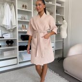 Belezza Women’s Kimono Robeб Cotton Waffle Spa Robe, Lightweight Travel Loungewear, Gift For Her, Minimalist Homewear In Latte Beige