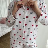 Soft Flannel Pajama Set With Red Hearts, Women’s Cotton Sleepwear, Warm Cozy Pjs, Valentine’s Gift, Long Sleeve Lounge Set