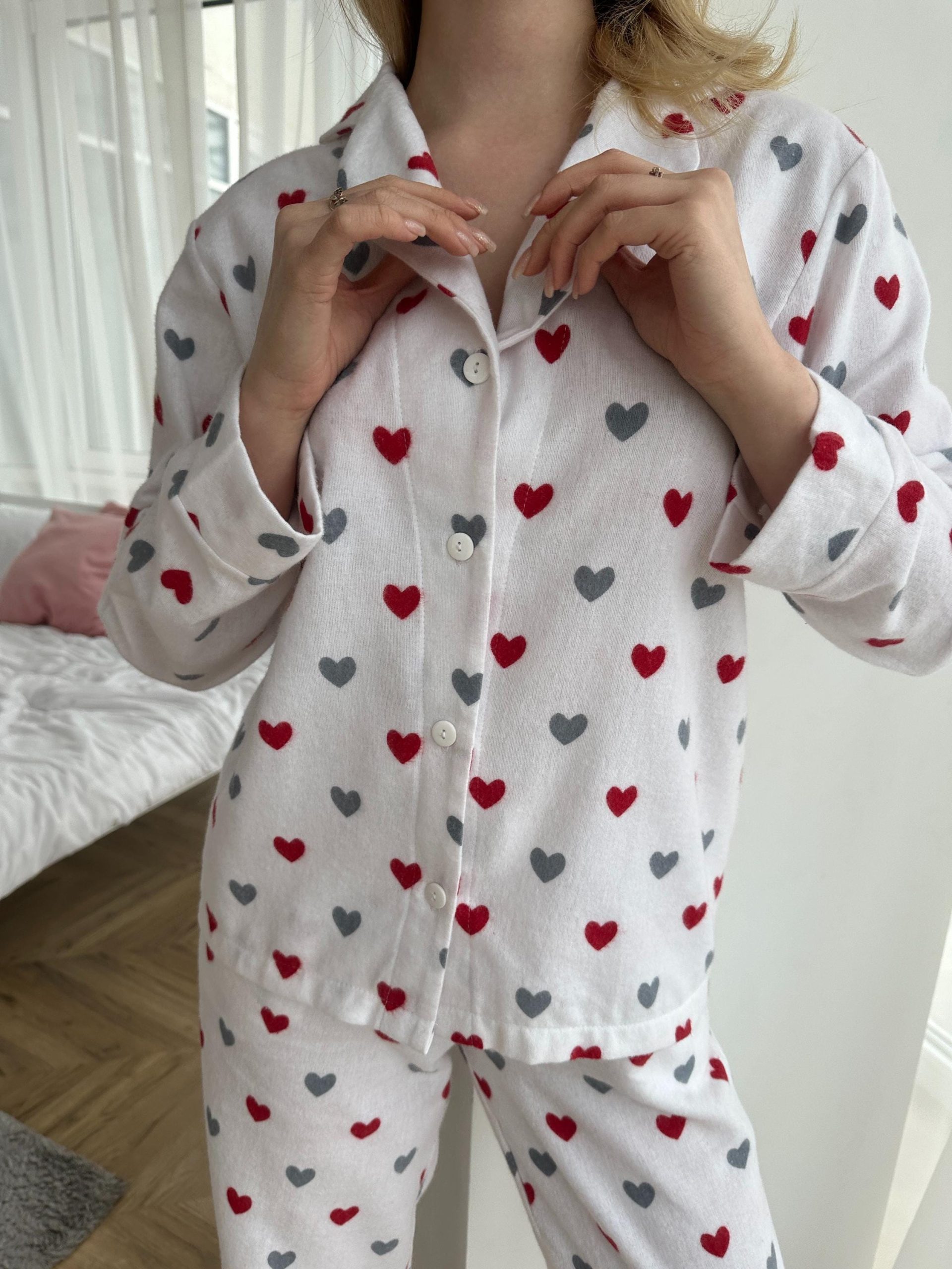 Soft Flannel Pajama Set With Red Hearts, Women’s Cotton Sleepwear, Warm Cozy Pjs, Valentine’s Gift, Long Sleeve Lounge Set