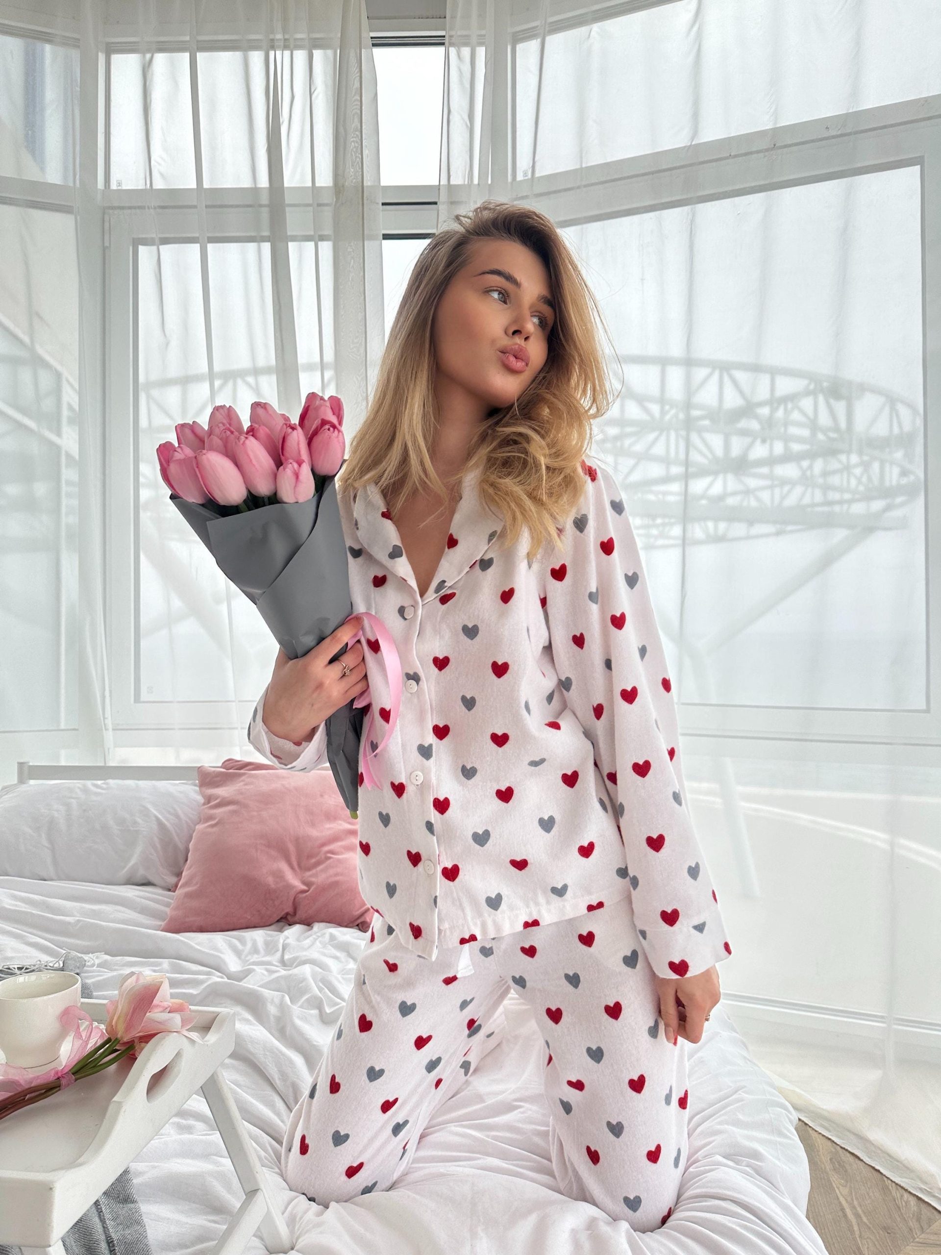 Soft Flannel Pajama Set With Red Hearts, Women’s Cotton Sleepwear, Warm Cozy Pjs, Valentine’s Gift, Long Sleeve Lounge Set