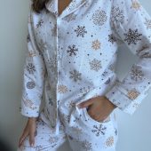 Women’s Flannel Pajama Set, 100% Cotton Winter Sleepwear, Cozy Snowflake Print Pjs, Soft Warm Loungewear, Gift For Her