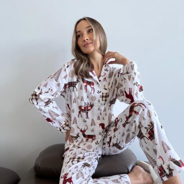 Nordic Flannel Pajama Set “nordy”, 100% Cotton Women’s Sleepwear, Cozy Winter Pjs With Reindeer Print, Warm Scandinavian Lounge Set