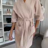 Belezza Women’s Kimono Robeб Cotton Waffle Spa Robe, Lightweight Travel Loungewear, Gift For Her, Minimalist Homewear In Latte Beige