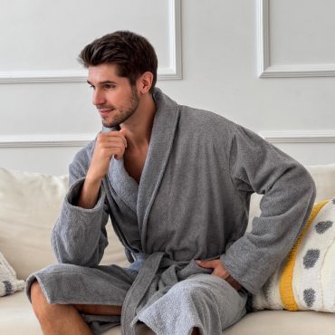 Mens Terry Cloth Bathrobe, Premium 100% Cotton Robe With Shawl Collar, Grey Spa Robe For Mens, Soft Waffle Robe, Self Care Gift For Mens
