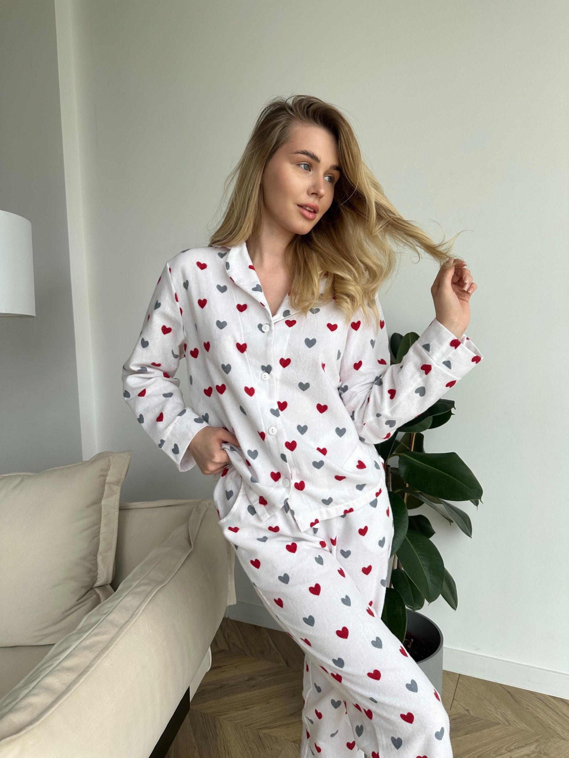 Soft Flannel Pajama Set With Red Hearts, Women’s Cotton Sleepwear, Warm Cozy Pjs, Valentine’s Gift, Long Sleeve Lounge Set