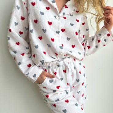 Soft Flannel Pajama Set With Red Hearts, Women’s Cotton Sleepwear, Warm Cozy Pjs, Valentine’s Gift, Long Sleeve Lounge Set