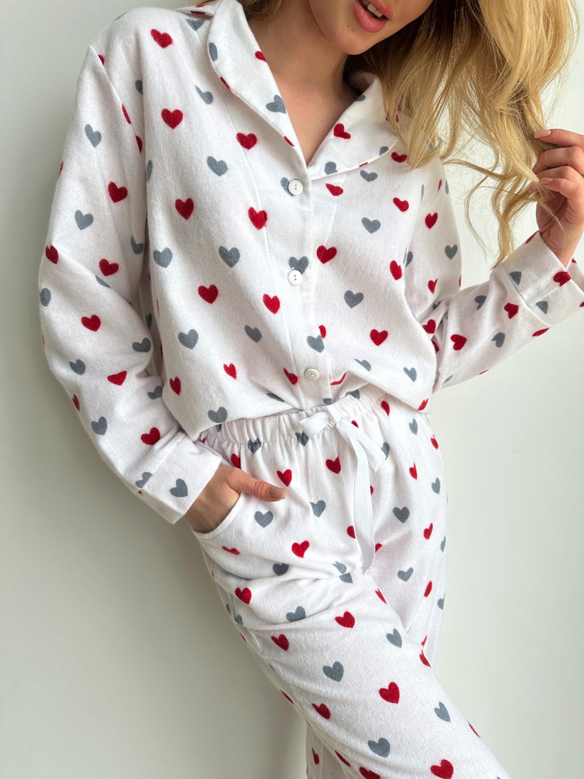 Soft Flannel Pajama Set With Red Hearts, Women’s Cotton Sleepwear, Warm Cozy Pjs, Valentine’s Gift, Long Sleeve Lounge Set