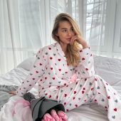 Soft Flannel Pajama Set With Red Hearts, Women’s Cotton Sleepwear, Warm Cozy Pjs, Valentine’s Gift, Long Sleeve Lounge Set