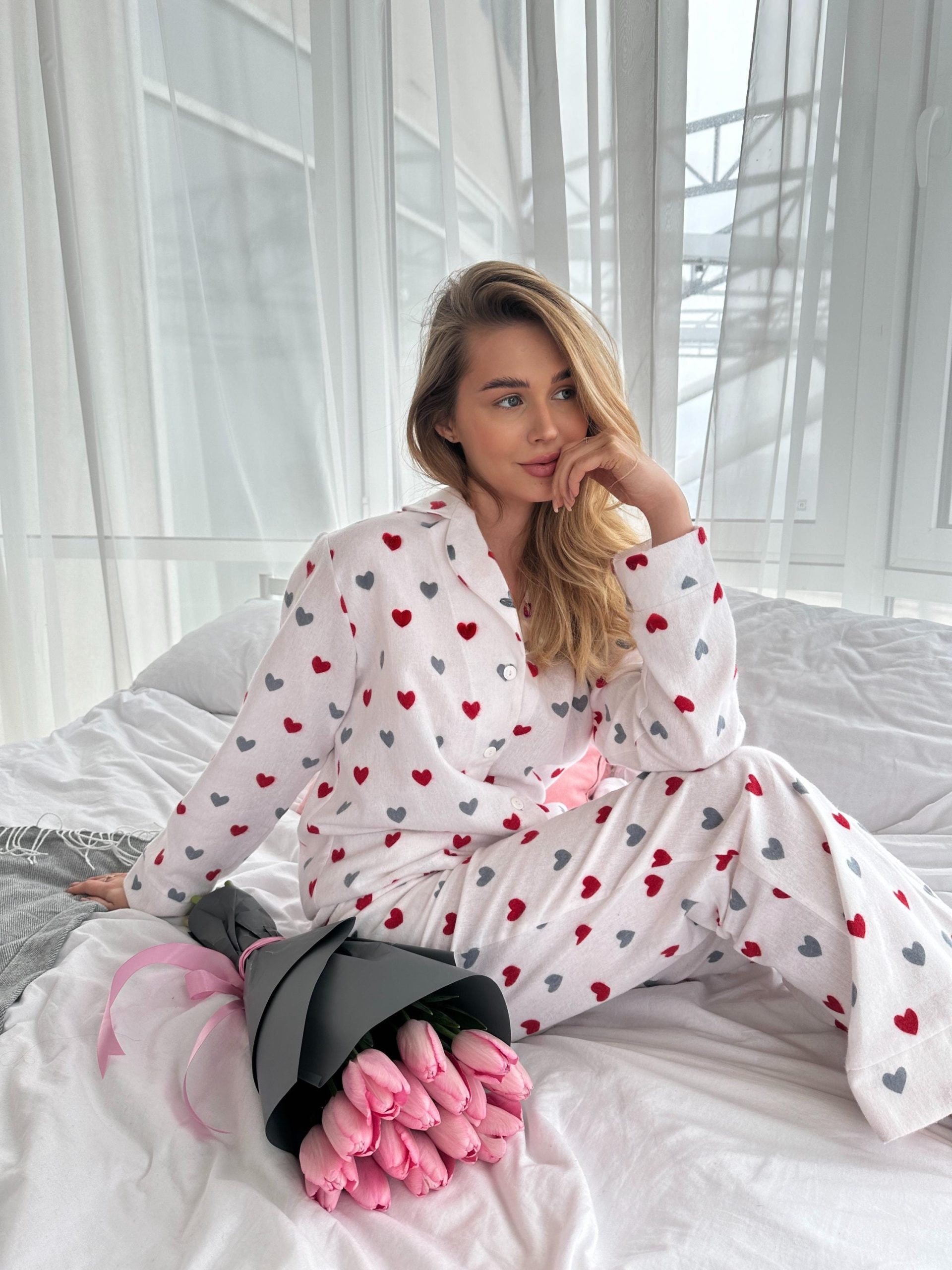 Soft Flannel Pajama Set With Red Hearts, Women’s Cotton Sleepwear, Warm Cozy Pjs, Valentine’s Gift, Long Sleeve Lounge Set