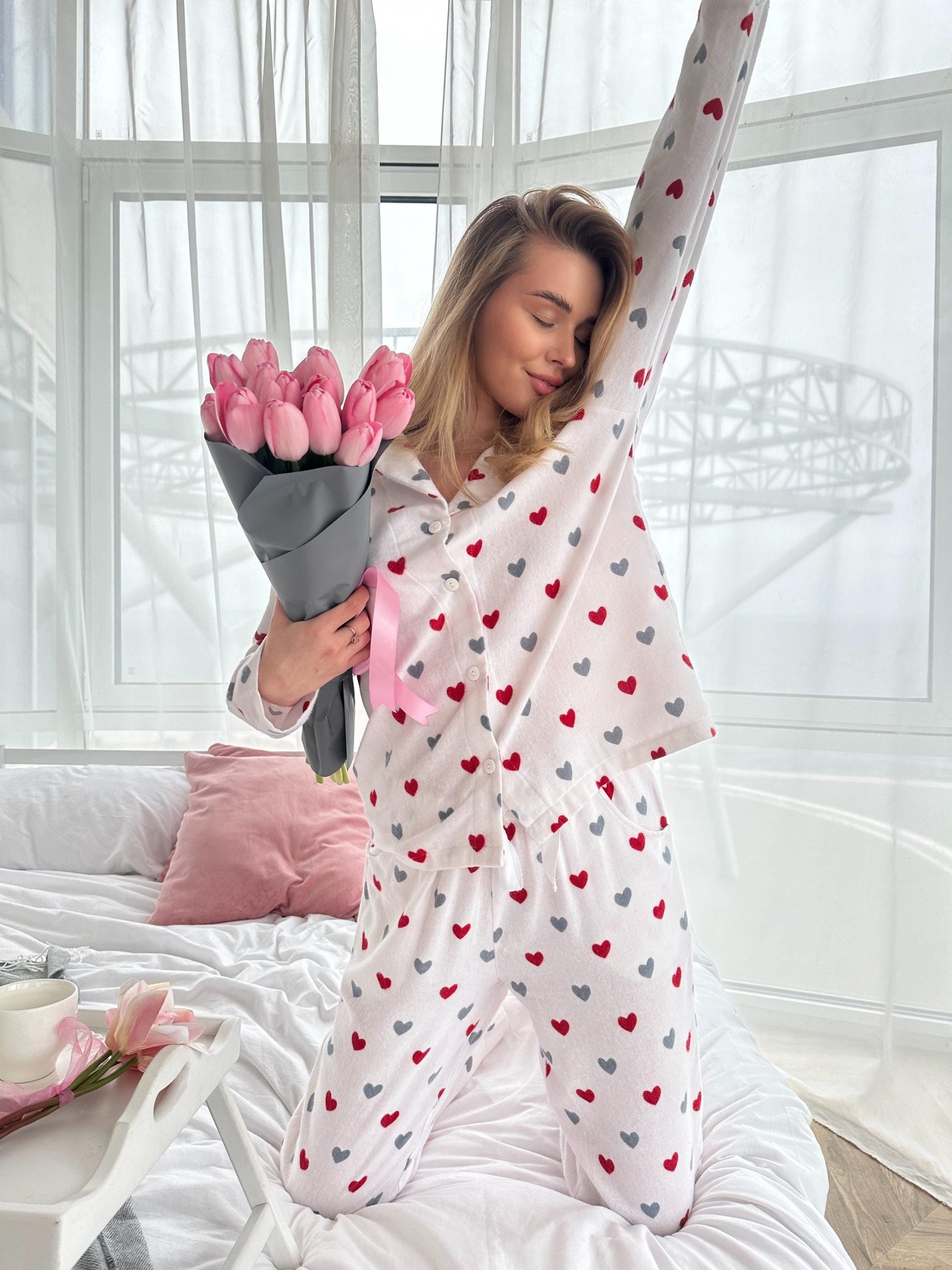 Soft Flannel Pajama Set With Red Hearts, Women’s Cotton Sleepwear, Warm Cozy Pjs, Valentine’s Gift, Long Sleeve Lounge Set