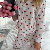 Soft Flannel Pajama Set With Red Hearts, Women’s Cotton Sleepwear, Warm Cozy Pjs, Valentine’s Gift, Long Sleeve Lounge Set