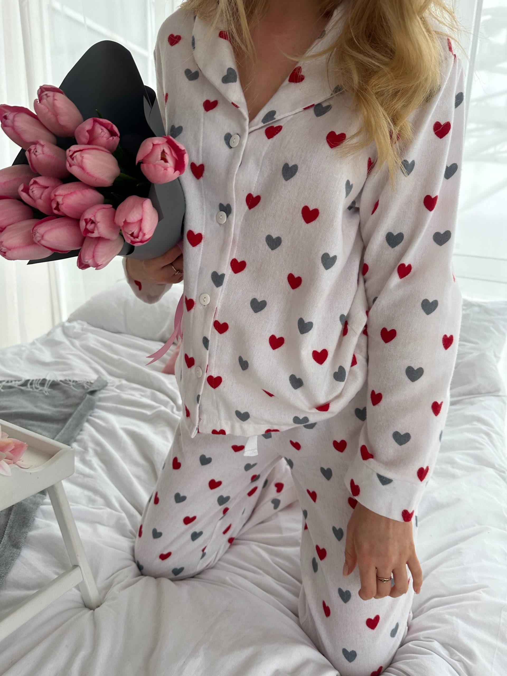 Soft Flannel Pajama Set With Red Hearts, Women’s Cotton Sleepwear, Warm Cozy Pjs, Valentine’s Gift, Long Sleeve Lounge Set