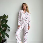 Soft Flannel Pajama Set With Red Hearts, Women’s Cotton Sleepwear, Warm Cozy Pjs, Valentine’s Gift, Long Sleeve Lounge Set
