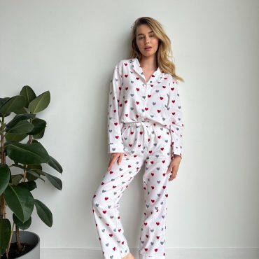 Soft Flannel Pajama Set With Red Hearts, Women’s Cotton Sleepwear, Warm Cozy Pjs, Valentine’s Gift, Long Sleeve Lounge Set