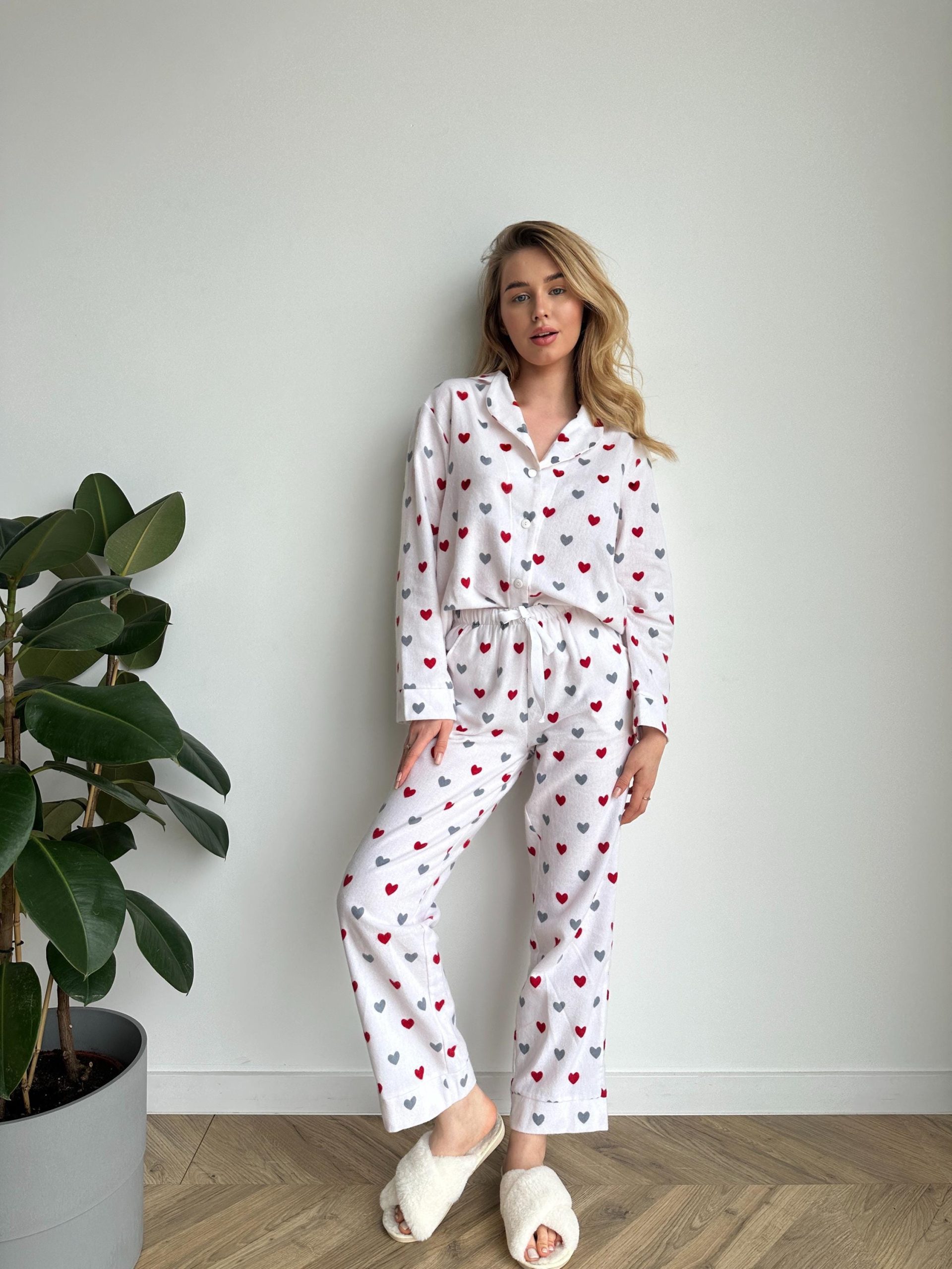 Soft Flannel Pajama Set With Red Hearts, Women’s Cotton Sleepwear, Warm Cozy Pjs, Valentine’s Gift, Long Sleeve Lounge Set