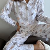 Women’s Flannel Pajama Set, 100% Cotton Winter Sleepwear, Cozy Snowflake Print Pjs, Soft Warm Loungewear, Gift For Her