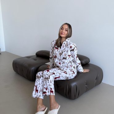 Nordic Flannel Pajama Set “nordy”, 100% Cotton Women’s Sleepwear, Cozy Winter Pjs With Reindeer Print, Warm Scandinavian Lounge Set