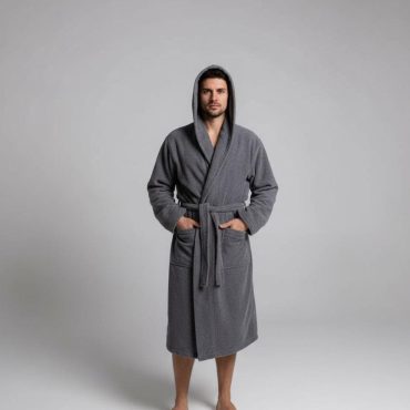 Men’s Hooded Terry Cotton Bathrobe, 100% Cotton Spa Robe With Belt And Pockets, Ultra-absorbent Dark Gray Lounge Robe For Men