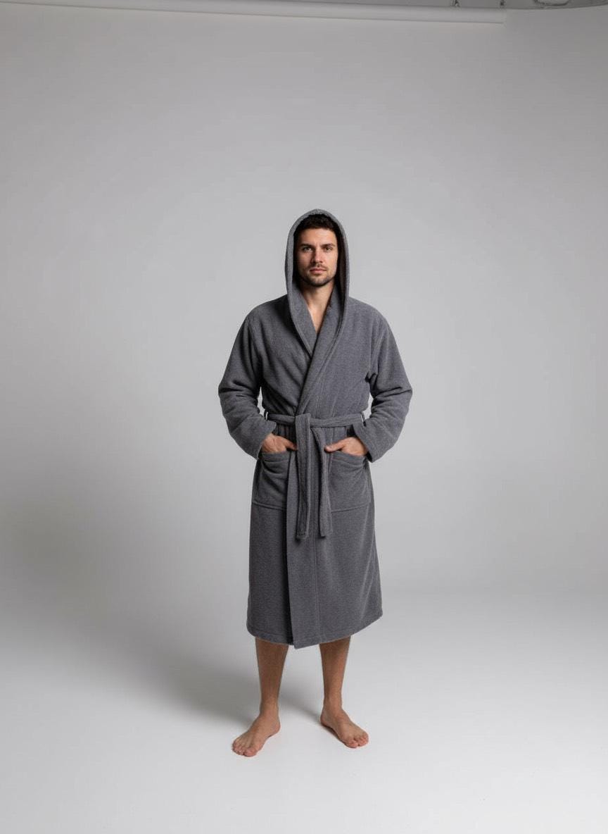 Men’s Hooded Terry Cotton Bathrobe, 100% Cotton Spa Robe With Belt And Pockets, Ultra-absorbent Dark Gray Lounge Robe For Men