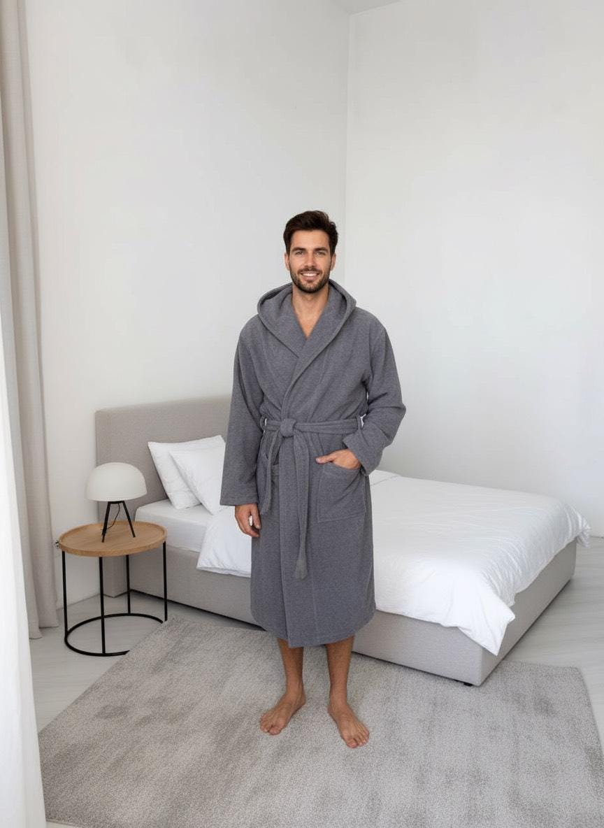 Men’s Hooded Terry Cotton Bathrobe, 100% Cotton Spa Robe With Belt And Pockets, Ultra-absorbent Dark Gray Lounge Robe For Men